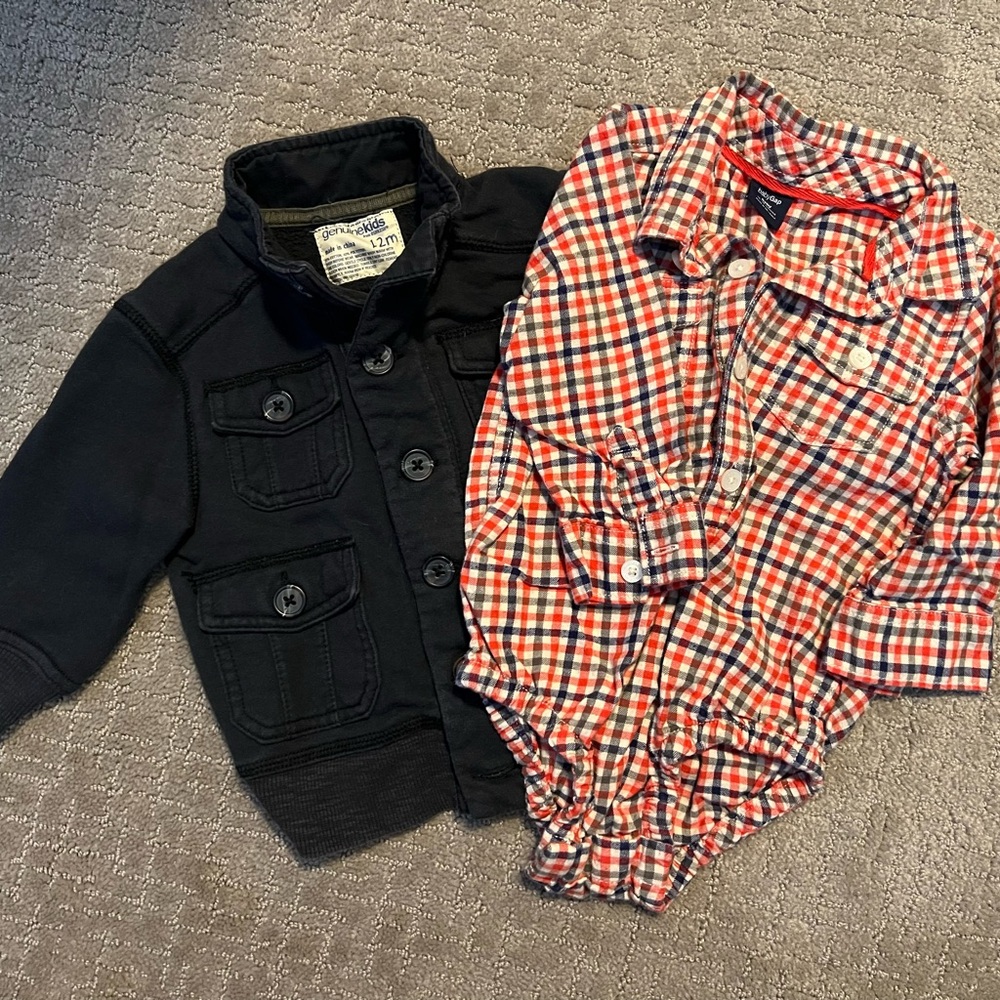 Navy Sweatshirt Jacket and Orange Plaid Onesie Set